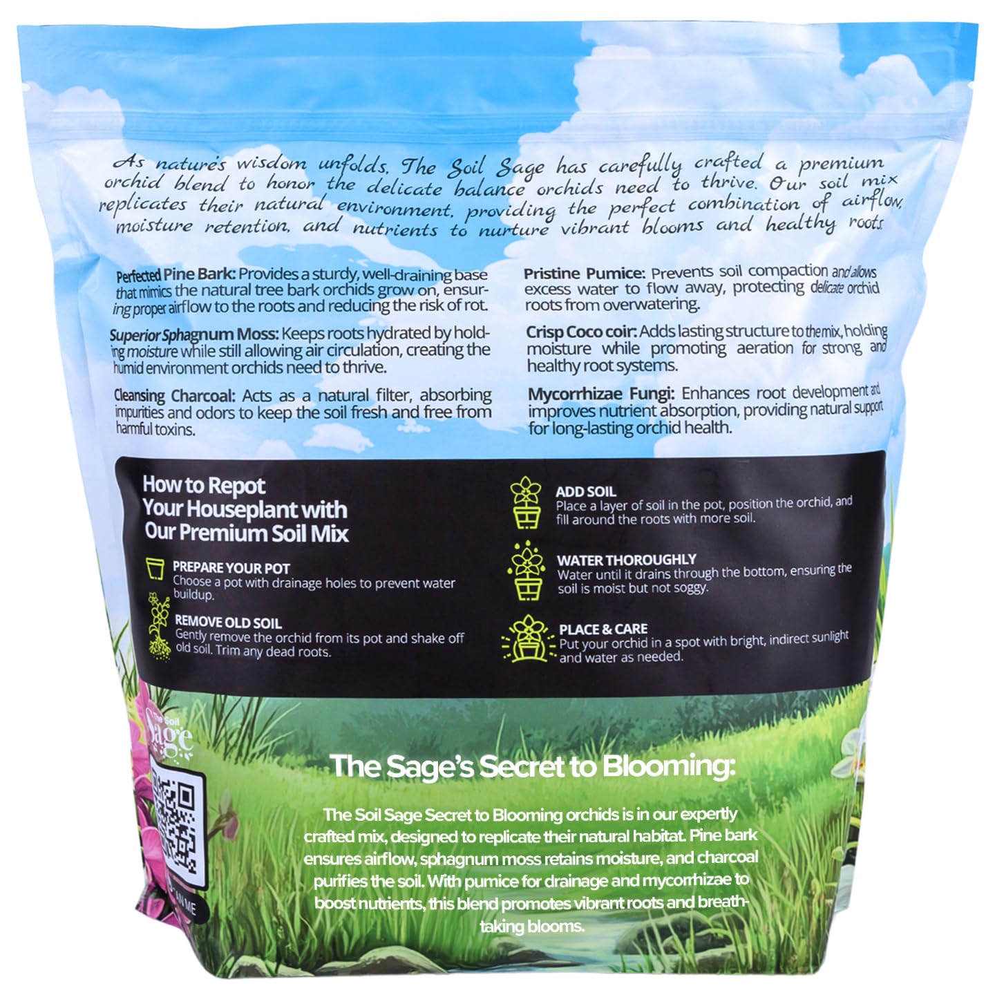 Soil Sage Premium Orchid Potting Mix - 5 qt. U.S.A. Made Orchid Soil Blend with Pine Bark, Sphagnum Moss, Charcoal, Coconut Coir, Pumice, & Mycorrhizae for Healthy Roots - Improved Drainage & Blooms
