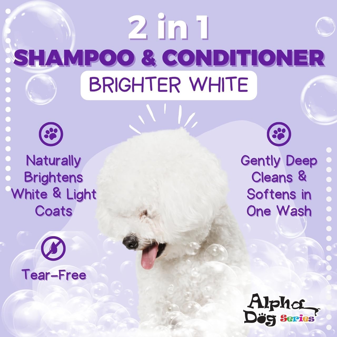 Alpha Dog Series Bright White Natural Whitening Dog Shampoo and Conditioner for Dogs with Aloe Vera, pH Balanced Dog Shampoo and Conditioner Set, Tear-Free for Sensitive Skin 26.4 Oz (1 Pack)