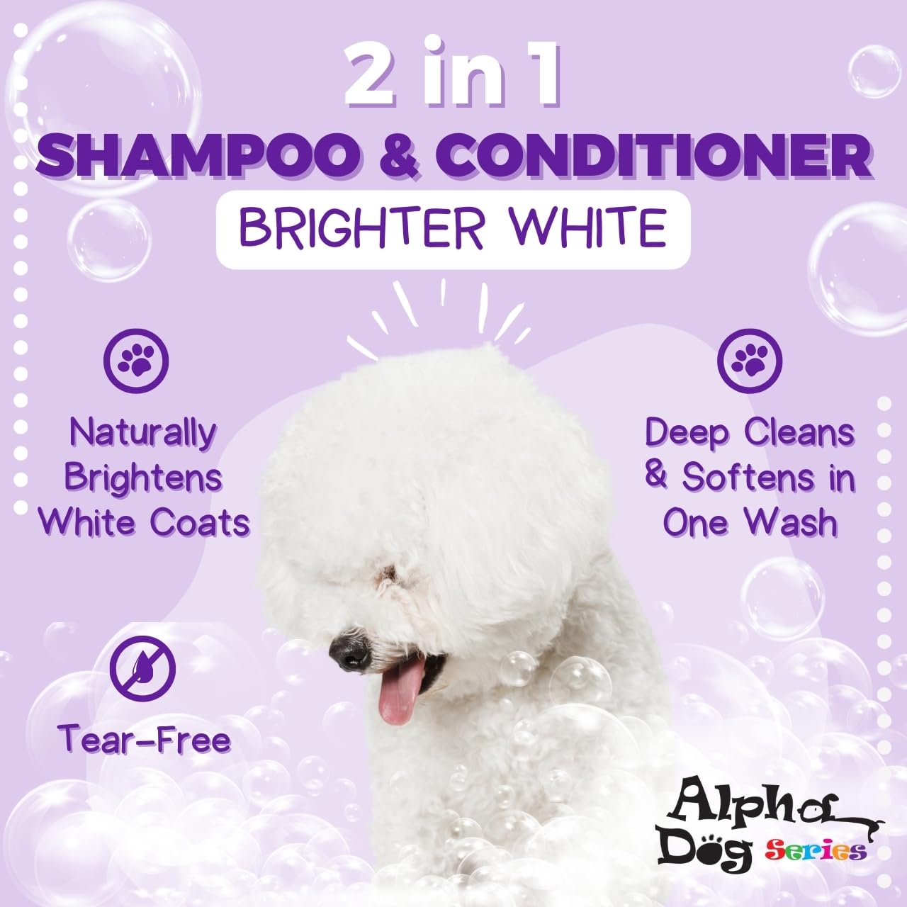 Alpha Dog Series Bright White Natural Whitening Dog Shampoo and Conditioner for Dogs with Aloe Vera, pH Balanced Dog Shampoo and Conditioner Set, Tear-Free for Sensitive Skin 26.4 Oz (Pack of 2)