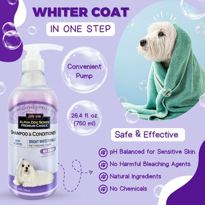 Alpha Dog Series Bright White Natural Whitening Dog Shampoo and Conditioner for Dogs with Aloe Vera, pH Balanced Dog Shampoo and Conditioner Set, Tear-Free for Sensitive Skin 26.4 Oz (1 Pack)