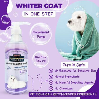 Alpha Dog Series Bright White Natural Whitening Dog Shampoo and Conditioner for Dogs with Aloe Vera, pH Balanced Dog Shampoo and Conditioner Set, Tear-Free for Sensitive Skin 26.4 Oz (Pack of 2)