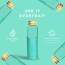 Neon Kactus - Hand Blown Borosilicate Glass Water Bottle with Bamboo Lid, Glass Bottles with Food-Grade Silicone Sleeve, Plastic-Free and Spill-Proof Reusable Water Bottle, Free Spirit, 550ml