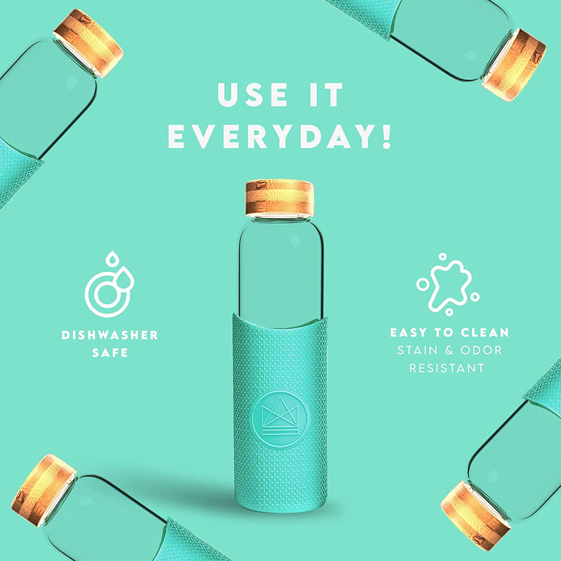 Neon Kactus - Hand Blown Borosilicate Glass Water Bottle with Bamboo Lid, Glass Bottles with Food-Grade Silicone Sleeve, Plastic-Free and Spill-Proof Reusable Water Bottle, Free Spirit, 550ml