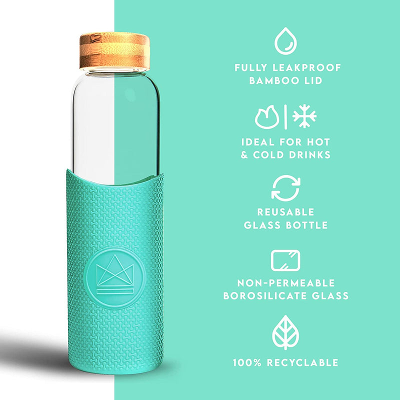 Neon Kactus - Hand Blown Borosilicate Glass Water Bottle with Bamboo Lid, Glass Bottles with Food-Grade Silicone Sleeve, Plastic-Free and Spill-Proof Reusable Water Bottle, Free Spirit, 550ml
