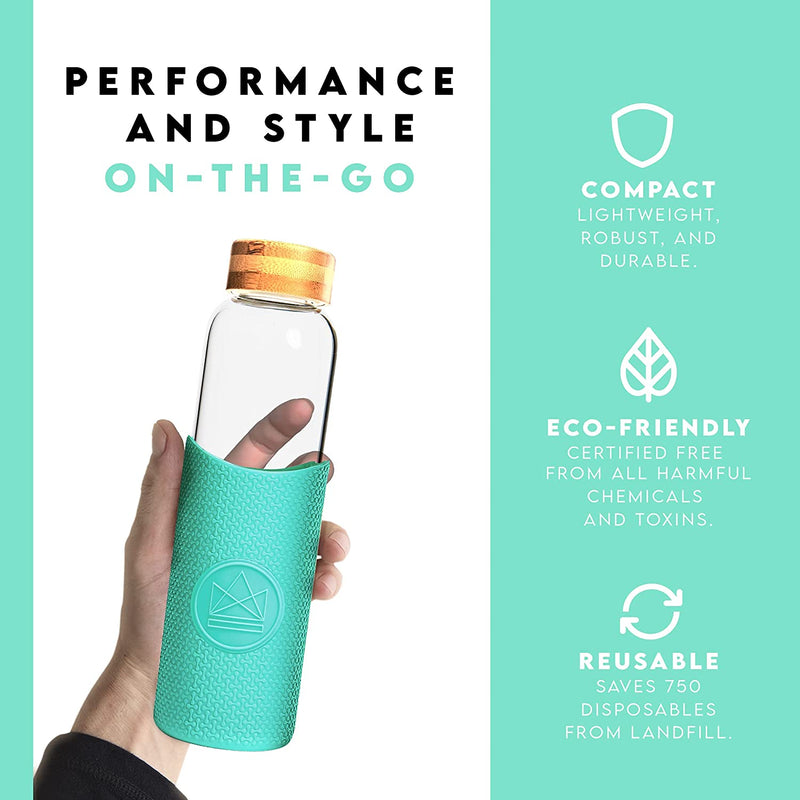 Neon Kactus - Hand Blown Borosilicate Glass Water Bottle with Bamboo Lid, Glass Bottles with Food-Grade Silicone Sleeve, Plastic-Free and Spill-Proof Reusable Water Bottle, Free Spirit, 550ml