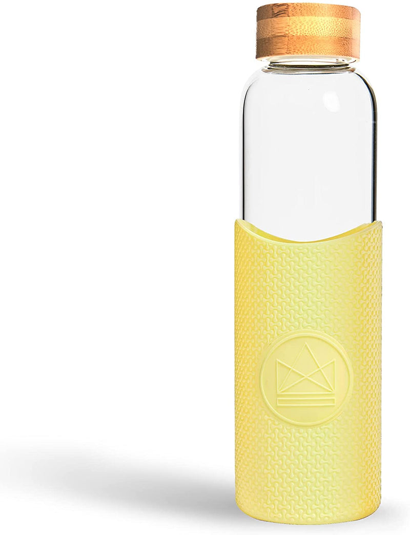Neon Kactus - Hand Blown Borosilicate Glass Water Bottle with Bamboo Lid, Glass Bottles with Food-Grade Silicone Sleeve, Plastic-Free and Spill-Proof Reusable Water Bottle, Free Spirit, 550ml